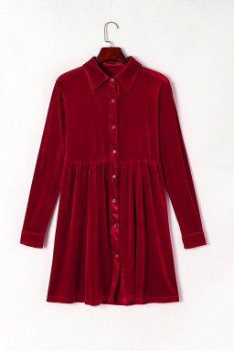 Red Long Sleeve Ruffle Velvet Button Up Shirt Dress