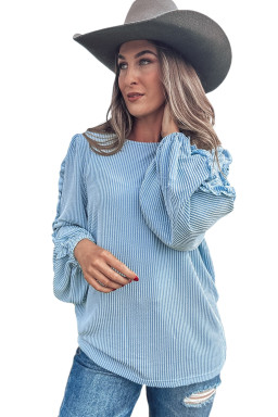Mist Blue Corded Frilly Puff Sleeve Round Neck Blouse