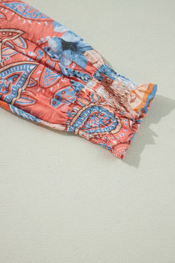 Orange Floral Print Shirred Cuff Buttoned Loose Fit Shirt