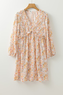 Yellow Boho Floral V Neck Ruffled High Waist Long Sleeve Mini Dress