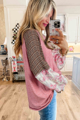 Fushia Mixed Print Raglan Sleeve Ribbed Knit Patchwork Blouse