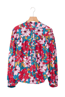 Red Floral Print Balloon Sleeve Half Buttons Blouse