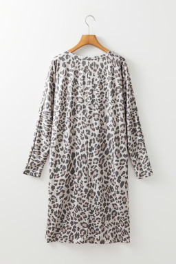 Gray Leopard Print V Neck Loose Fit Long Sleeve Midi Dress
