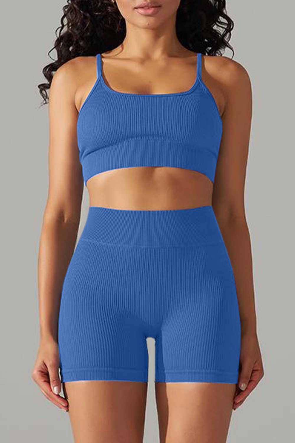 Sky Blue Spaghetti Straps Bra and High Waist Shorts Workout Set
