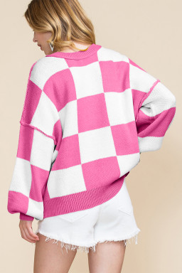 Rose Checkered Bishop Sleeve Pullover Sweater
