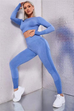 Sky Blue Solid Color Long Sleeve Crop Top Leggings Yoga Sports Set