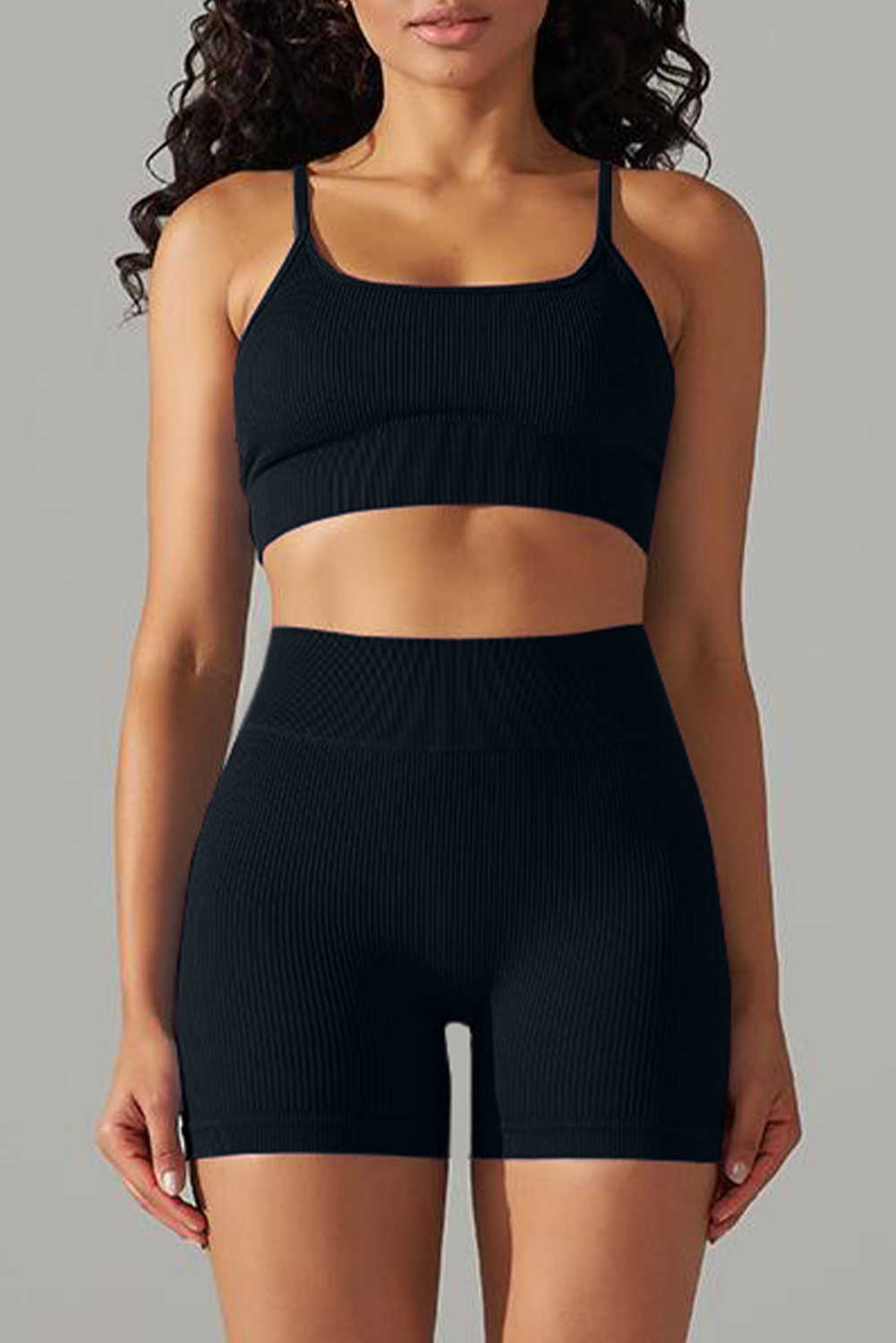 Black Spaghetti Straps Bra and High Waist Shorts Workout Set