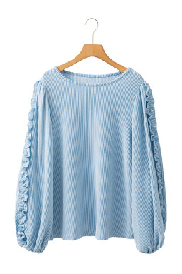 Mist Blue Corded Frilly Puff Sleeve Round Neck Blouse
