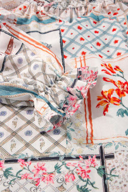 Multicolour Floral Plaid Patchwork Puff Sleeve Blouse