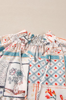 Multicolour Floral Plaid Patchwork Puff Sleeve Blouse