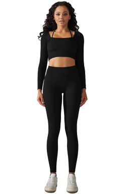 Black Ribbed Long Sleeve Top and Leggings Workout Set
