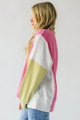 Sachet Pink Waffle Patchwork Striped Sleeve Top