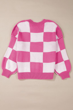 Rose Checkered Bishop Sleeve Pullover Sweater