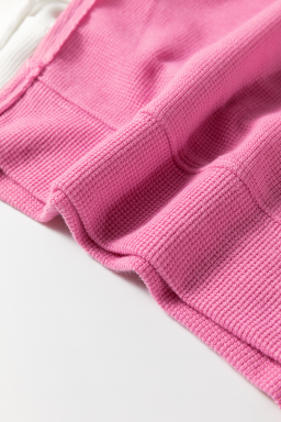 Sachet Pink Waffle Patchwork Striped Sleeve Top