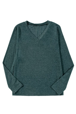 Misty Green Solid V-Neck Long Sleeve Top