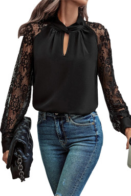 Black Keyhole Neckline Floral Lace Raglan Sleeve Blouse