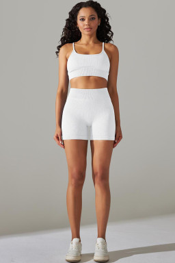 White Spaghetti Straps Bra and High Waist Shorts Workout Set