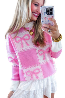 Pink Bow Knot Two Tone Checkered Crew Neck Sweater