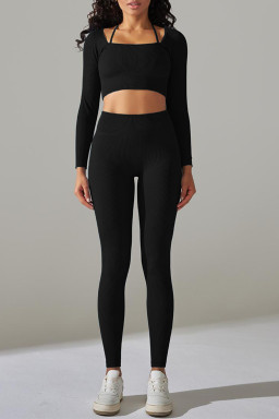 Black Ribbed Long Sleeve Top and Leggings Workout Set