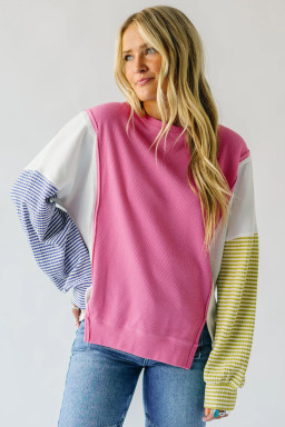 Sachet Pink Waffle Patchwork Striped Sleeve Top