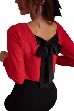 Racing Red Metallic Bowknot Open Back V Neck Top