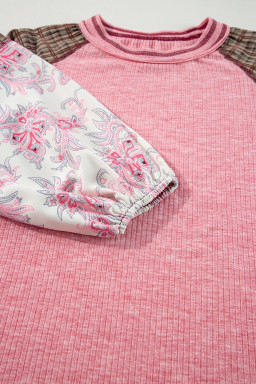 Fushia Mixed Print Raglan Sleeve Ribbed Knit Patchwork Blouse