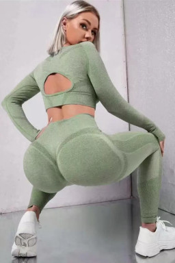 Grass Green Solid Color Long Sleeve Crop Top Leggings Yoga Sports Set