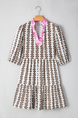 Black Floral Abstract Print Tiered Pop of Color Neckline Dress