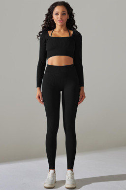 Black Ribbed Long Sleeve Top and Leggings Workout Set