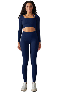 Navy Blue Ribbed Long Sleeve Top and Leggings Workout Set