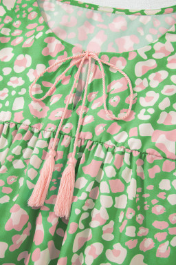 Green Plus Size Leopard Tassel Tie Split Neck Puff Sleeve Blouse