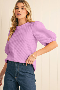 Phalaenopsis Solid Textured O Neck Puff Sleeve Blouse