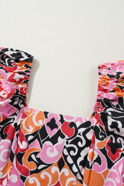 Pink Geometric Print Square Neck Puff Sleeve Mini Dress