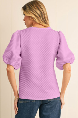 Phalaenopsis Solid Textured O Neck Puff Sleeve Blouse