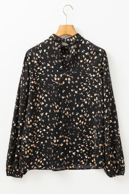 Black Leopard Print Puff Sleeve Mock Neck Pleated Blouse