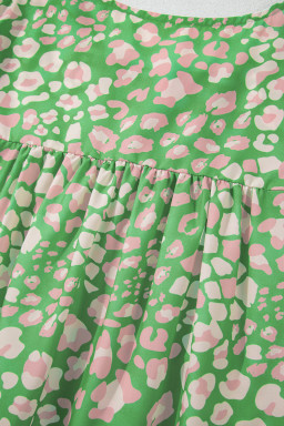 Green Plus Size Leopard Tassel Tie Split Neck Puff Sleeve Blouse