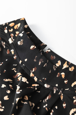Black Leopard Print Puff Sleeve Mock Neck Pleated Blouse