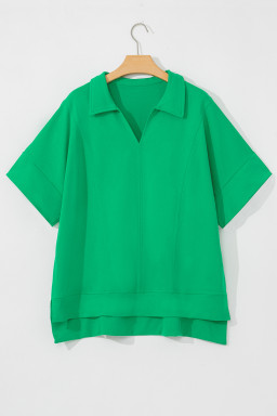 Bright Green Turn-Down Collar Plain Plus Size Blouse