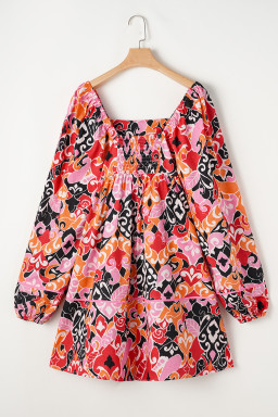 Pink Geometric Print Square Neck Puff Sleeve Mini Dress