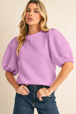 Phalaenopsis Solid Textured O Neck Puff Sleeve Blouse