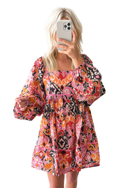 Pink Geometric Print Square Neck Puff Sleeve Mini Dress