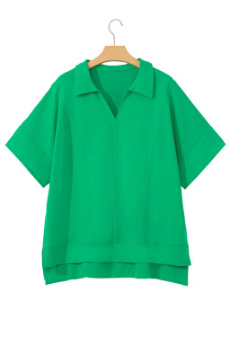 Bright Green Turn-Down Collar Plain Plus Size Blouse