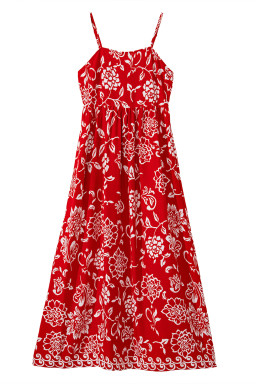 Red Floral Print Spaghetti Strap Empire Waist Maxi Dress