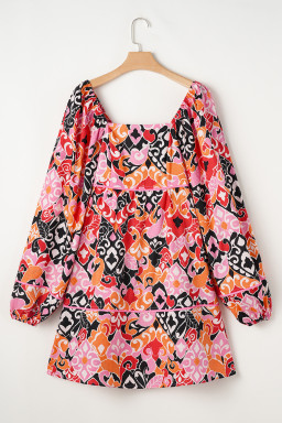 Pink Geometric Print Square Neck Puff Sleeve Mini Dress
