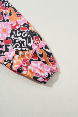 Pink Geometric Print Square Neck Puff Sleeve Mini Dress