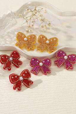 Rose Red Beaded Pearl Bowknot Earrings
