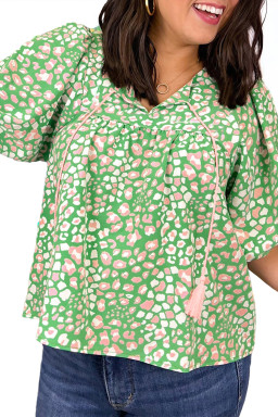 Green Plus Size Leopard Tassel Tie Split Neck Puff Sleeve Blouse