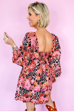 Pink Geometric Print Square Neck Puff Sleeve Mini Dress