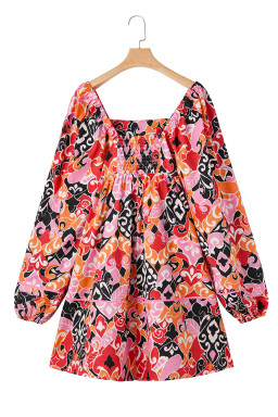 Pink Geometric Print Square Neck Puff Sleeve Mini Dress