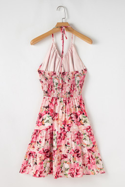 Pink Floral Halter Neck Smocked Back Ruffle Mini Dress